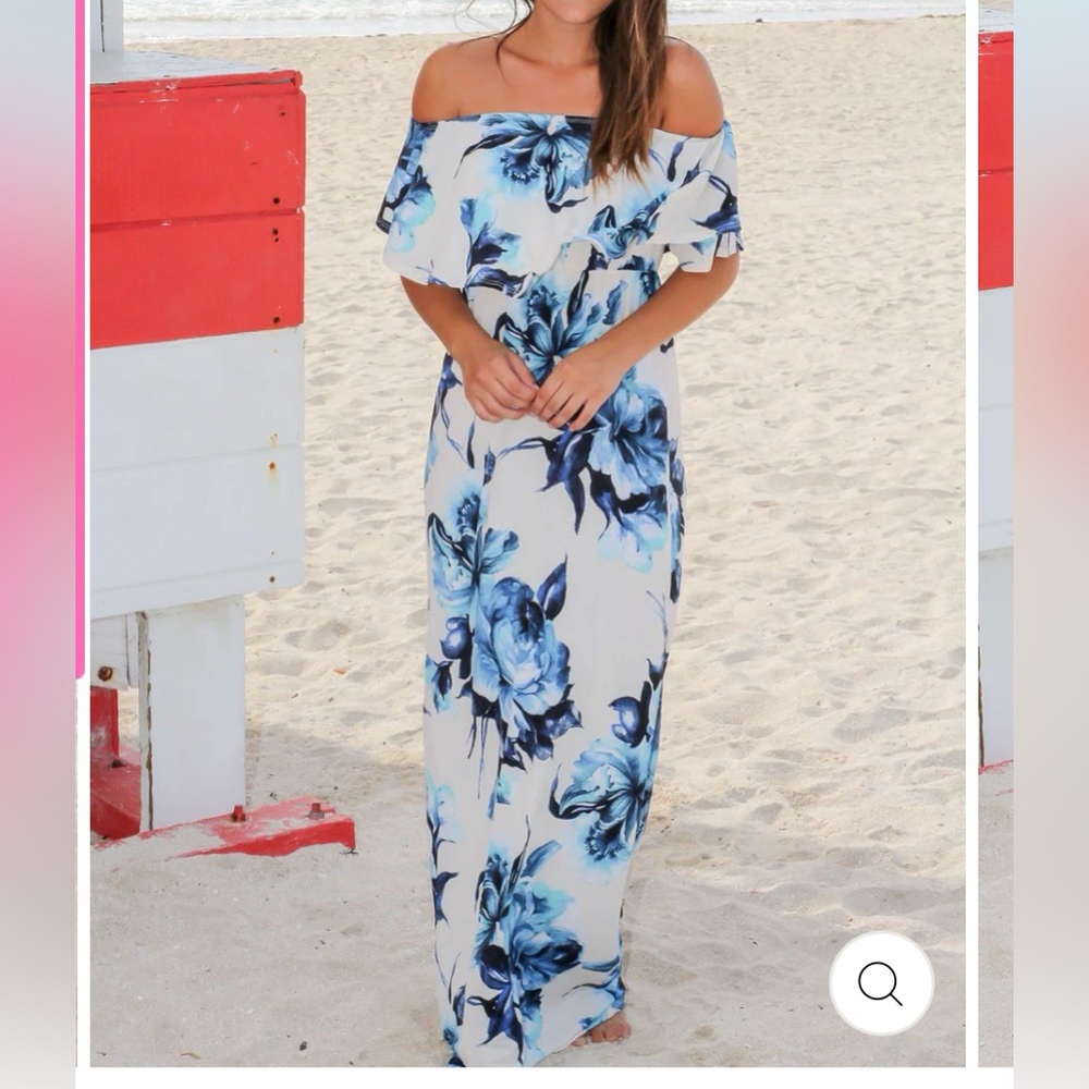 IVORY AND COBALT BLUE FLORAL OFF SHOULDER MAXI DRESS